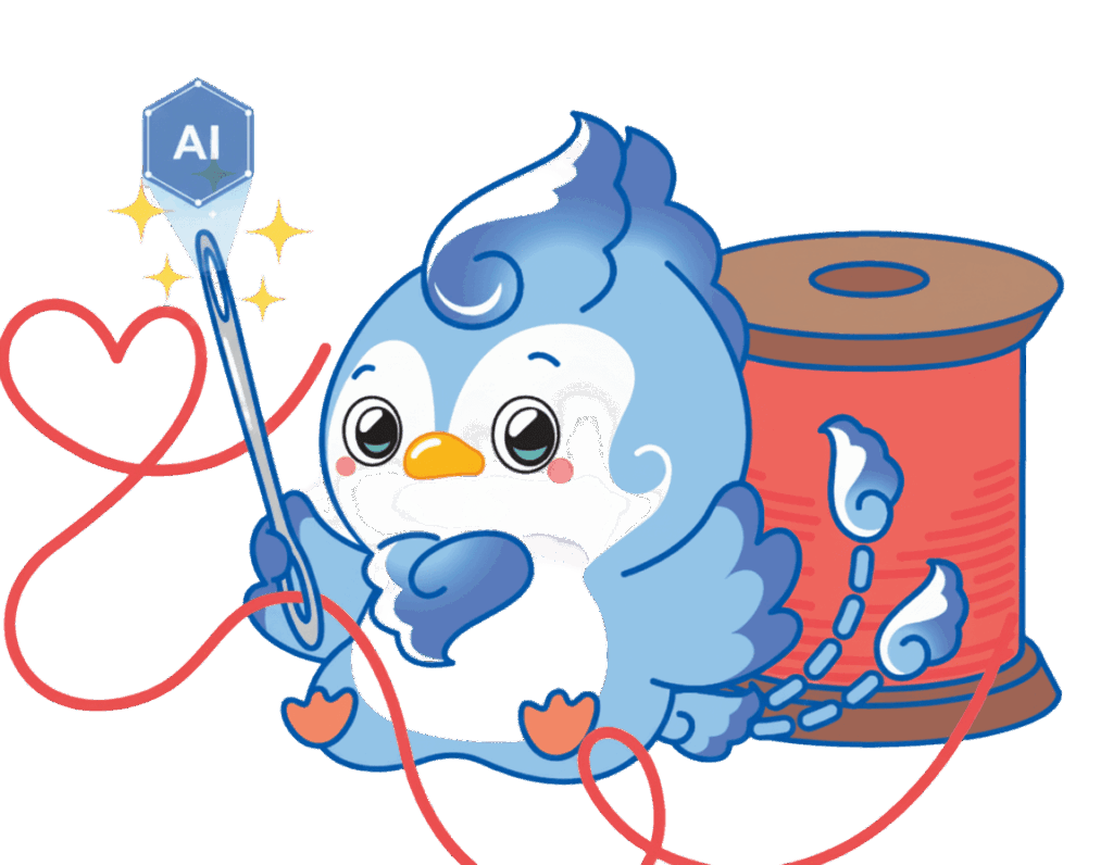 修理相談をサポートするCORSAのAIキャラクター。糸とペンを持ち、鞄修理の案内をするイラスト