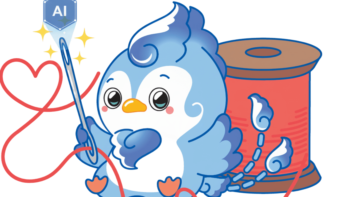 修理相談をサポートするCORSAのAIキャラクター。糸とペンを持ち、鞄修理の案内をするイラスト