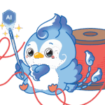 修理相談をサポートするCORSAのAIキャラクター。糸とペンを持ち、鞄修理の案内をするイラスト