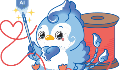 修理相談をサポートするCORSAのAIキャラクター。糸とペンを持ち、鞄修理の案内をするイラスト