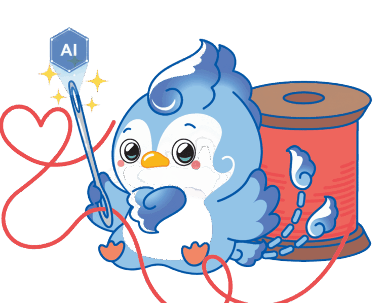 修理相談をサポートするCORSAのAIキャラクター。糸とペンを持ち、鞄修理の案内をするイラスト