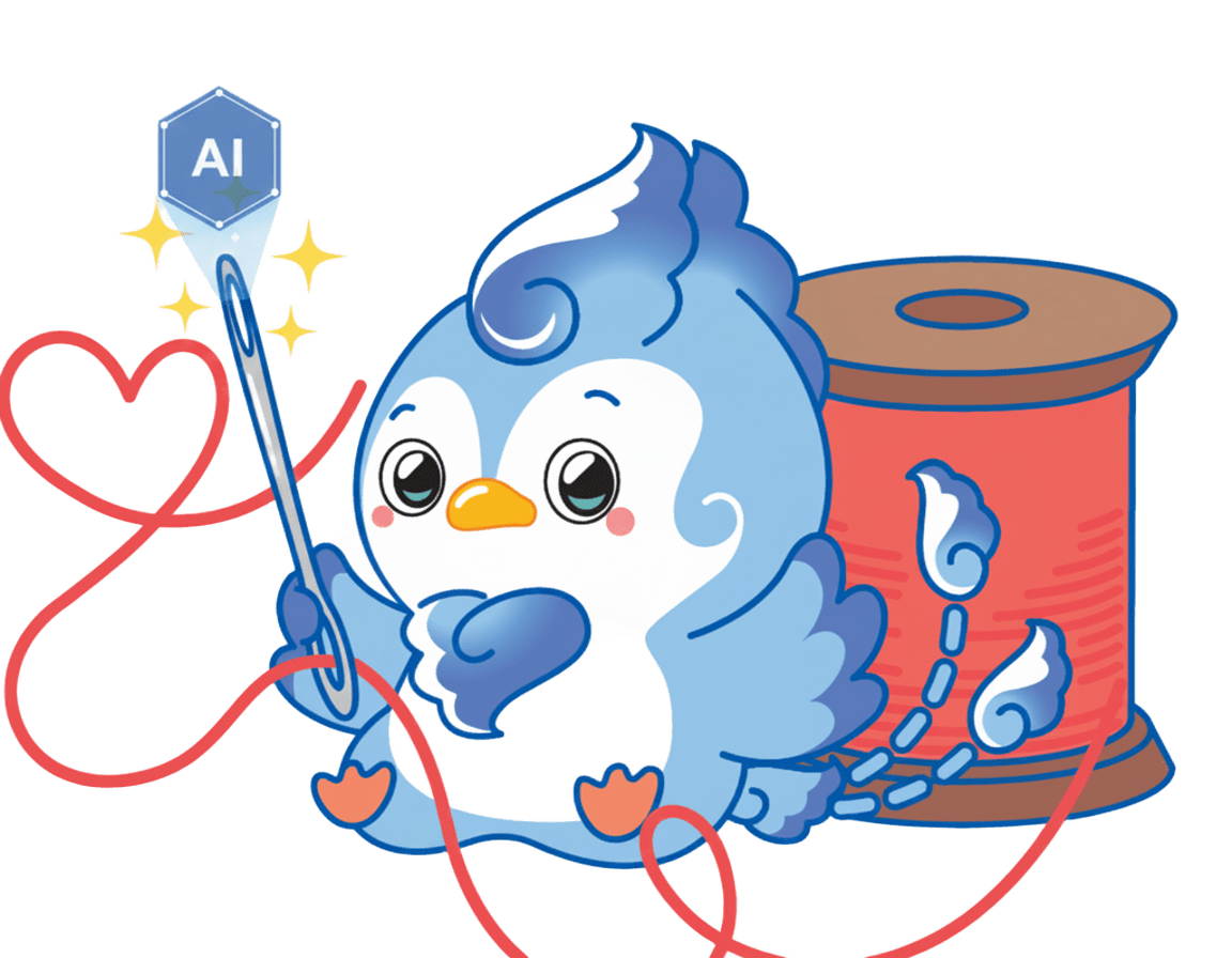 修理相談をサポートするCORSAのAIキャラクター。糸とペンを持ち、鞄修理の案内をするイラスト